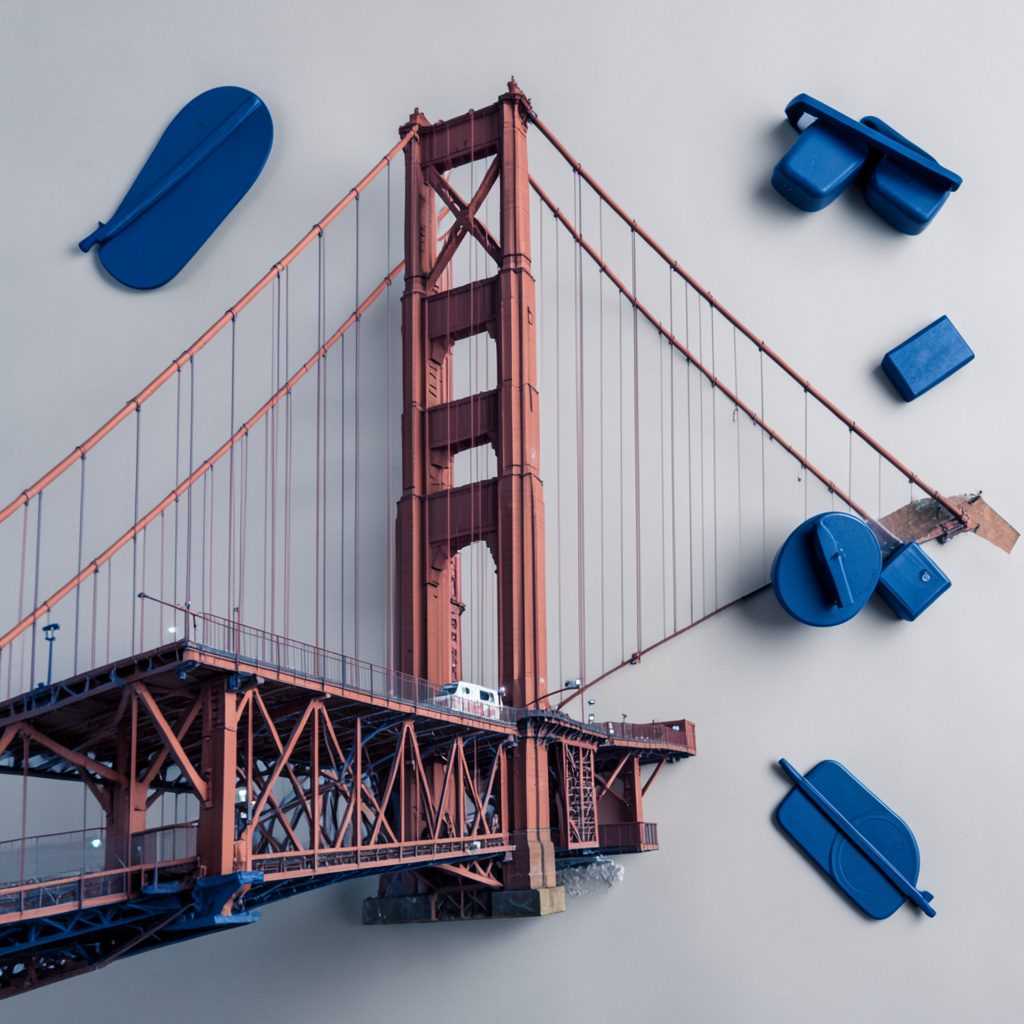 Wide aerial photograph of the Golden Gate Bridge in warm red-orange tones spanning a deep blue bay under a soft hazy sky, conveying a global executive travel setting
